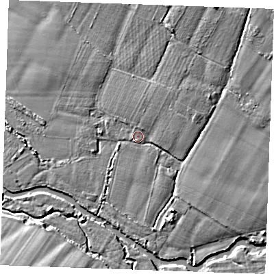 Shaded relief map of the ground around ME150SG, computed from Environment Agency LiDAR. The ground here sits at about 13 m above sea level and falls 8 m across the surrounding 800 m. Surface water reaching this point runs off ground lying to the north, 1.4 m higher.