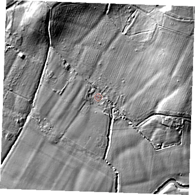 Shaded relief map of the ground around ME150SH, computed from Environment Agency LiDAR. The ground here sits at about 14 m above sea level and falls 12 m across the surrounding 800 m. Surface water reaching this point runs off ground lying to the north-east, 10.5 m higher.