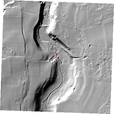 Shaded relief map of the ground around ME156DP, computed from Environment Agency LiDAR. The ground here sits at about 33 m above sea level and falls 43 m across the surrounding 800 m. Surface water reaching this point runs off ground lying to the south-east, 38.4 m higher.