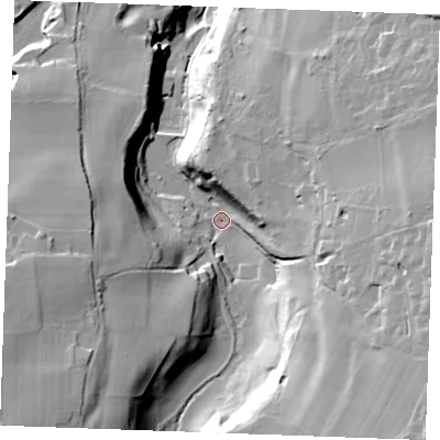 Shaded relief map of the ground around ME156DT, computed from Environment Agency LiDAR. The ground here sits at about 31 m above sea level and falls 47 m across the surrounding 800 m. Surface water reaching this point runs off ground lying to the south-east, 36.7 m higher.