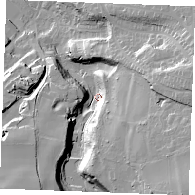 Shaded relief map of the ground around ME156DU, computed from Environment Agency LiDAR. The ground here sits at about 22 m above sea level and falls 51 m across the surrounding 800 m. Surface water reaching this point runs off ground lying to the south-east, 42.0 m higher.