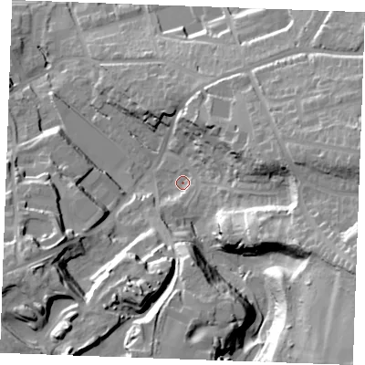 Shaded relief map of the ground around ME156FT, computed from Environment Agency LiDAR. The ground here sits at about 13 m above sea level and falls 44 m across the surrounding 800 m. Surface water reaching this point runs off ground lying to the south-south-east, 4.1 m higher.