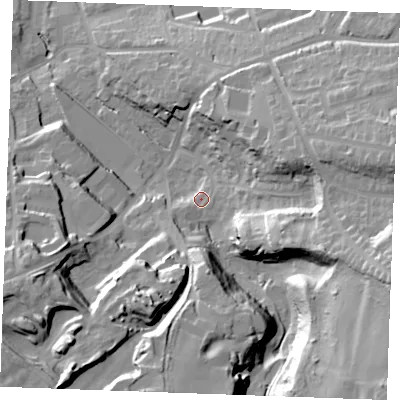 Shaded relief map of the ground around ME156FU, computed from Environment Agency LiDAR. The ground here sits at about 16 m above sea level and falls 45 m across the surrounding 800 m. Surface water reaching this point runs off ground lying to the south-south-west, 22.9 m higher.