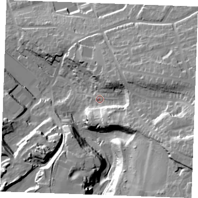 Shaded relief map of the ground around ME156FY, computed from Environment Agency LiDAR. The ground here sits at about 23 m above sea level and falls 49 m across the surrounding 800 m. Surface water reaching this point runs off ground lying to the east-south-east, 35.5 m higher.