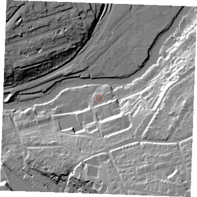 Shaded relief map of the ground around ME156GX, computed from Environment Agency LiDAR. The ground here sits at about 9 m above sea level and falls 38 m across the surrounding 800 m. Surface water reaching this point runs off ground lying to the south-east, 17.4 m higher.
