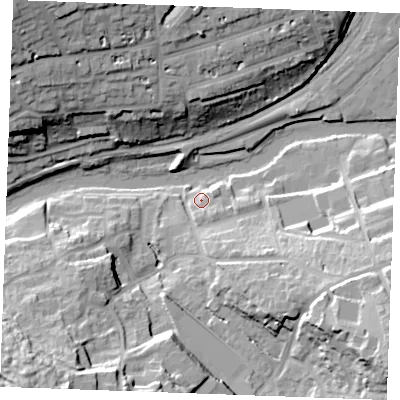 Shaded relief map of the ground around ME156GY, computed from Environment Agency LiDAR. The ground here sits at about 8 m above sea level and falls 34 m across the surrounding 800 m. Surface water reaching this point runs off ground lying to the south-east, 5.3 m higher.