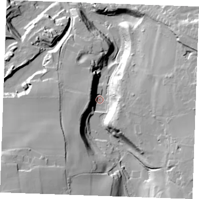 Shaded relief map of the ground around ME156JW, computed from Environment Agency LiDAR. The ground here sits at about 27 m above sea level and falls 48 m across the surrounding 800 m. Surface water reaching this point runs off ground lying to the south-west, 34.9 m higher.