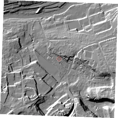 Shaded relief map of the ground around ME156JY, computed from Environment Agency LiDAR. The ground here sits at about 13 m above sea level and falls 40 m across the surrounding 800 m. Surface water reaching this point runs off ground lying to the south-west, 33.6 m higher.