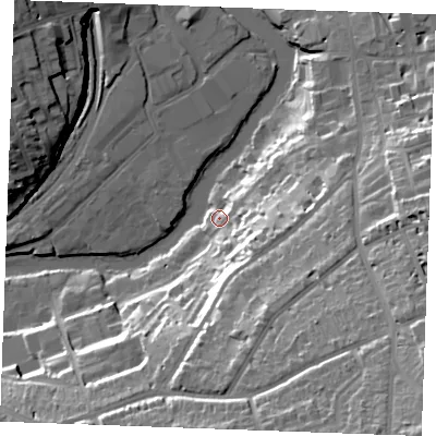 Shaded relief map of the ground around ME156LQ, computed from Environment Agency LiDAR. The ground here sits at about 9 m above sea level and falls 40 m across the surrounding 800 m. Surface water reaching this point runs off ground lying to the south-east, 17.6 m higher.