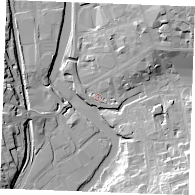Shaded relief map of the ground around ME156NQ, computed from Environment Agency LiDAR. The ground here sits at about 8 m above sea level and falls 25 m across the surrounding 800 m. Surface water reaching this point runs off ground lying to the north-east, 2.8 m higher.