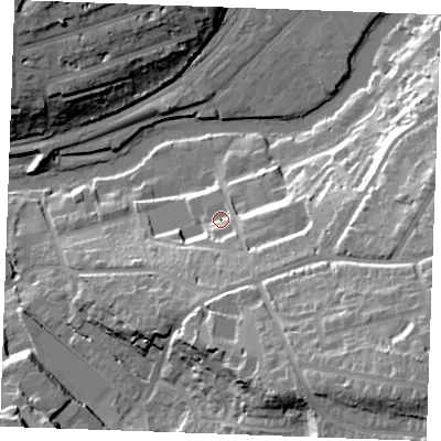 Shaded relief map of the ground around ME156QN, computed from Environment Agency LiDAR. The ground here sits at about 14 m above sea level and falls 38 m across the surrounding 800 m. Surface water reaching this point runs off ground lying to the south-east, 26.9 m higher.