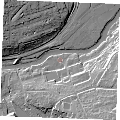 Shaded relief map of the ground around ME156QP, computed from Environment Agency LiDAR. The ground here sits at about 7 m above sea level and falls 36 m across the surrounding 800 m. Surface water reaching this point runs off ground lying to the south-east, 33.0 m higher.