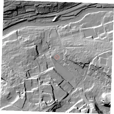 Shaded relief map of the ground around ME156QU, computed from Environment Agency LiDAR. The ground here sits at about 11 m above sea level and falls 39 m across the surrounding 800 m. Surface water reaching this point runs off ground lying to the south-south-west, 33.3 m higher.