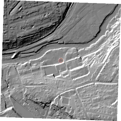 Shaded relief map of the ground around ME156QZ, computed from Environment Agency LiDAR. The ground here sits at about 8 m above sea level and falls 37 m across the surrounding 800 m. Surface water reaching this point runs off ground lying to the south-east, 31.6 m higher.