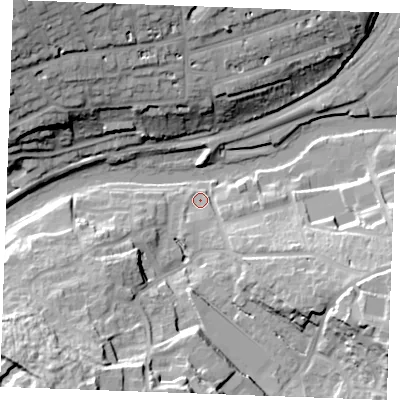 Shaded relief map of the ground around ME156RR, computed from Environment Agency LiDAR. The ground here sits at about 8 m above sea level and falls 35 m across the surrounding 800 m. Surface water reaching this point runs off ground lying to the south-east, 8.9 m higher.