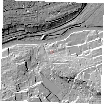 Shaded relief map of the ground around ME156RU, computed from Environment Agency LiDAR. The ground here sits at about 11 m above sea level and falls 31 m across the surrounding 800 m. Surface water reaching this point runs off ground lying to the south-south-east, 5.2 m higher.