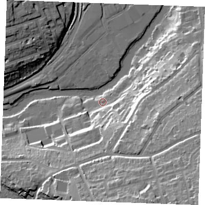 Shaded relief map of the ground around ME156SG, computed from Environment Agency LiDAR. The ground here sits at about 8 m above sea level and falls 40 m across the surrounding 800 m. Surface water reaching this point runs off ground lying to the south-east, 37.1 m higher.
