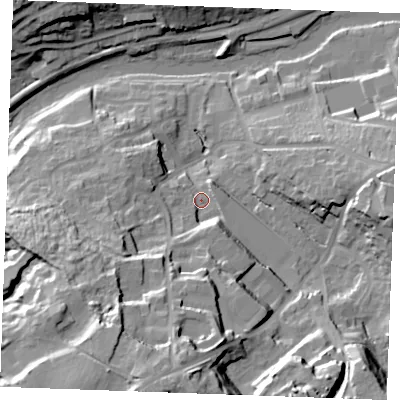 Shaded relief map of the ground around ME156TB, computed from Environment Agency LiDAR. The ground here sits at about 12 m above sea level and falls 41 m across the surrounding 800 m. Surface water reaching this point runs off ground lying to the south-south-west, 23.4 m higher.
