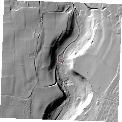 Shaded relief map of the ground around ME156XF, computed from Environment Agency LiDAR. The ground here sits at about 37 m above sea level and falls 45 m across the surrounding 800 m. Surface water reaching this point runs off ground lying to the south-west, 40.5 m higher.