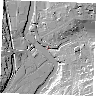 Shaded relief map of the ground around ME156XG, computed from Environment Agency LiDAR. The ground here sits at about 8 m above sea level and falls 27 m across the surrounding 800 m. Surface water reaching this point runs off ground lying to the south-east, 25.6 m higher.