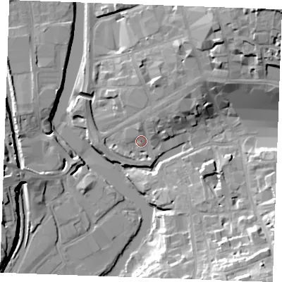 Shaded relief map of the ground around ME156XH, computed from Environment Agency LiDAR. The ground here sits at about 8 m above sea level and falls 27 m across the surrounding 800 m. Surface water reaching this point runs off ground lying to the north-east, 8.2 m higher.