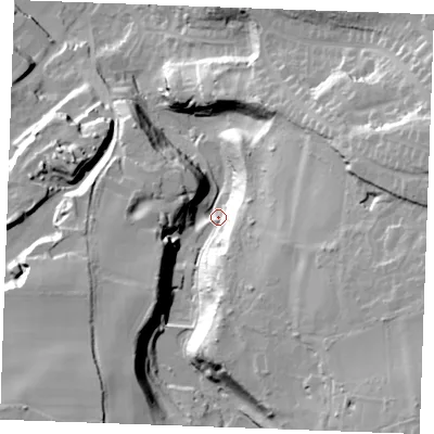 Shaded relief map of the ground around ME156XR, computed from Environment Agency LiDAR. The ground here sits at about 24 m above sea level and falls 50 m across the surrounding 800 m. Surface water reaching this point runs off ground lying to the south-east, 41.4 m higher.