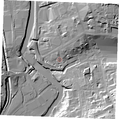 Shaded relief map of the ground around ME156XT, computed from Environment Agency LiDAR. The ground here sits at about 8 m above sea level and falls 27 m across the surrounding 800 m. Surface water reaching this point runs off ground lying to the north-east, 8.2 m higher.