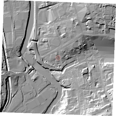 Shaded relief map of the ground around ME156XU, computed from Environment Agency LiDAR. The ground here sits at about 9 m above sea level and falls 27 m across the surrounding 800 m. Surface water reaching this point runs off ground lying to the north-east, 8.0 m higher.