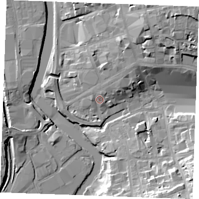 Shaded relief map of the ground around ME156XW, computed from Environment Agency LiDAR. The ground here sits at about 10 m above sea level and falls 28 m across the surrounding 800 m. Surface water reaching this point runs off ground lying to the north-east, 7.3 m higher.