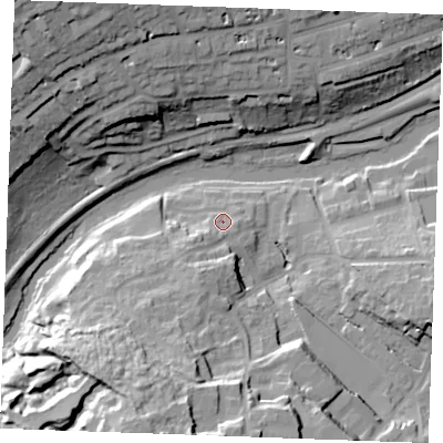 Shaded relief map of the ground around ME156XY, computed from Environment Agency LiDAR. The ground here sits at about 10 m above sea level and falls 40 m across the surrounding 800 m. Surface water reaching this point runs off ground lying to the south-west, 6.2 m higher.