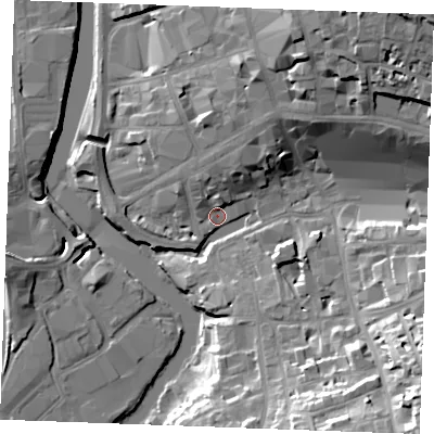 Shaded relief map of the ground around ME156YD, computed from Environment Agency LiDAR. The ground here sits at about 7 m above sea level and falls 28 m across the surrounding 800 m. Surface water reaching this point runs off ground lying to the south-east, 23.8 m higher.