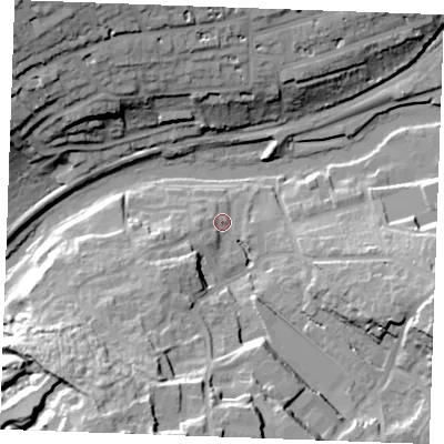 Shaded relief map of the ground around ME156YL, computed from Environment Agency LiDAR. The ground here sits at about 9 m above sea level and falls 37 m across the surrounding 800 m. Surface water reaching this point runs off ground lying to the south-south-west, 29.9 m higher.