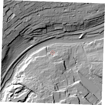 Shaded relief map of the ground around ME156YN, computed from Environment Agency LiDAR. The ground here sits at about 9 m above sea level and falls 42 m across the surrounding 800 m. Surface water reaching this point runs off ground lying to the south, 7.8 m higher.