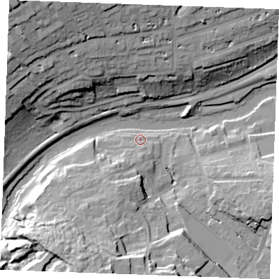 Shaded relief map of the ground around ME156YW, computed from Environment Agency LiDAR. The ground here sits at about 8 m above sea level and falls 42 m across the surrounding 800 m. Surface water reaching this point runs off ground lying to the south, 5.2 m higher.