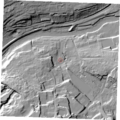 Shaded relief map of the ground around ME156YZ, computed from Environment Agency LiDAR. The ground here sits at about 9 m above sea level and falls 37 m across the surrounding 800 m. Surface water reaching this point runs off ground lying to the south-south-west, 34.4 m higher.