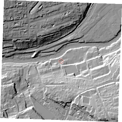 Shaded relief map of the ground around ME156ZL, computed from Environment Agency LiDAR. The ground here sits at about 7 m above sea level and falls 33 m across the surrounding 800 m. Surface water reaching this point runs off ground lying to the south-south-east, 14.8 m higher.