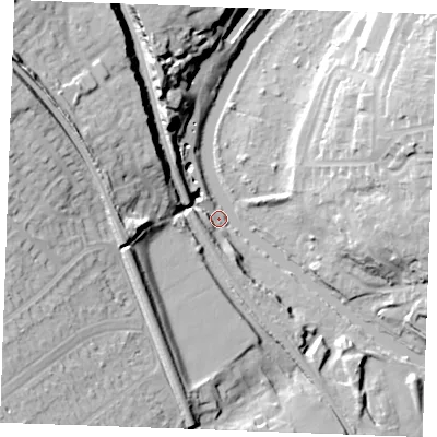 Shaded relief map of the ground around ME160BP, computed from Environment Agency LiDAR. The ground here sits at about 6 m above sea level and falls 41 m across the surrounding 800 m. Surface water reaching this point runs off ground lying to the north-west, 33.3 m higher.