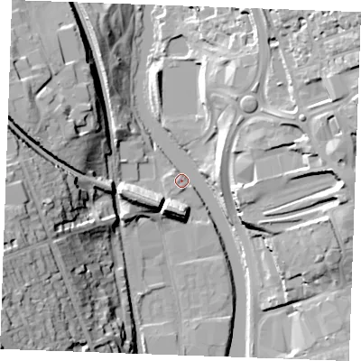 Shaded relief map of the ground around ME160GB, computed from Environment Agency LiDAR. The ground here sits at about 7 m above sea level and falls 36 m across the surrounding 800 m. Surface water reaching this point runs off ground lying to the south-south-west, 12.0 m higher.