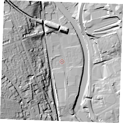 Shaded relief map of the ground around ME160GQ, computed from Environment Agency LiDAR. The ground here sits at about 7 m above sea level and falls 38 m across the surrounding 800 m. Surface water reaching this point runs off ground lying to the south, 3.8 m higher.