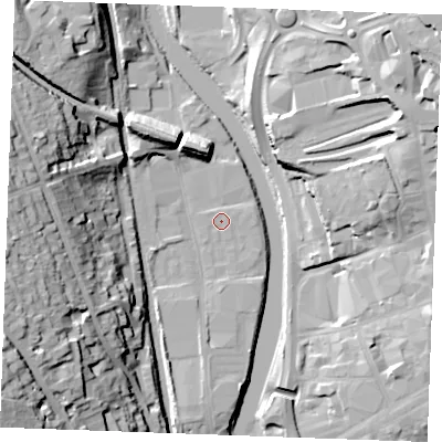 Shaded relief map of the ground around ME160GR, computed from Environment Agency LiDAR. The ground here sits at about 7 m above sea level and falls 34 m across the surrounding 800 m. Surface water reaching this point runs off ground lying to the west-south-west, 28.7 m higher.