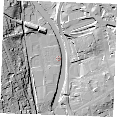 Shaded relief map of the ground around ME160GT, computed from Environment Agency LiDAR. The ground here sits at about 8 m above sea level and falls 29 m across the surrounding 800 m. Surface water reaching this point runs off ground lying to the north-east, 24.8 m higher.