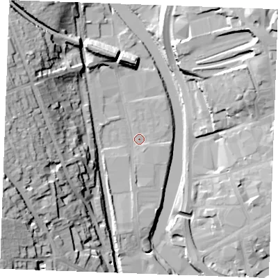 Shaded relief map of the ground around ME160GW, computed from Environment Agency LiDAR. The ground here sits at about 8 m above sea level and falls 35 m across the surrounding 800 m. Surface water reaching this point runs off ground lying to the south-south-west, 3.8 m higher.