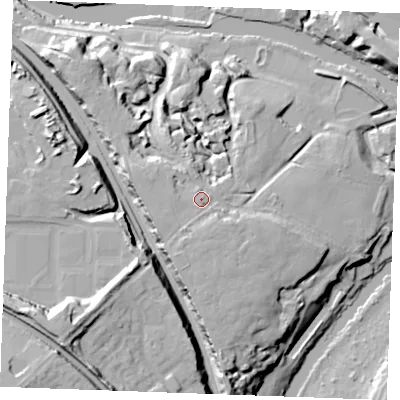 Shaded relief map of the ground around ME160LT, computed from Environment Agency LiDAR. The ground here sits at about 23 m above sea level and falls 42 m across the surrounding 800 m. Surface water reaching this point runs off ground lying to the south-south-west, 5.4 m higher.