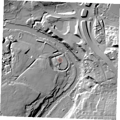 Shaded relief map of the ground around ME160NB, computed from Environment Agency LiDAR. The ground here sits at about 6 m above sea level and falls 44 m across the surrounding 800 m. Surface water reaching this point runs off ground lying to the south-south-west, 2.7 m higher.