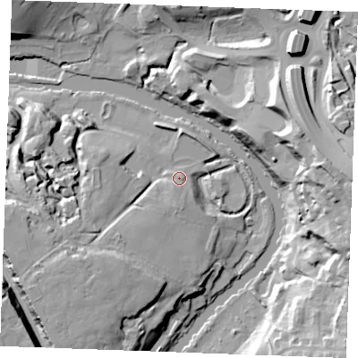 Shaded relief map of the ground around ME160ND, computed from Environment Agency LiDAR. The ground here sits at about 9 m above sea level and falls 33 m across the surrounding 800 m. Surface water reaching this point runs off ground lying to the south-south-west, 4.6 m higher.