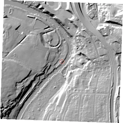 Shaded relief map of the ground around ME160NH, computed from Environment Agency LiDAR. The ground here sits at about 5 m above sea level and falls 50 m across the surrounding 800 m. Surface water reaching this point runs off ground lying to the east-north-east, 48.2 m higher.