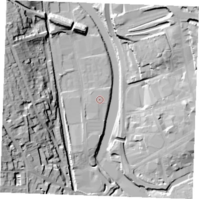 Shaded relief map of the ground around ME160SN, computed from Environment Agency LiDAR. The ground here sits at about 8 m above sea level and falls 33 m across the surrounding 800 m. The ground contributing surface water to this point lies to the south-south-east.