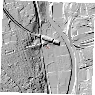 Shaded relief map of the ground around ME160SQ, computed from Environment Agency LiDAR. The ground here sits at about 8 m above sea level and falls 41 m across the surrounding 800 m. Surface water reaching this point runs off ground lying to the west-north-west, 5.4 m higher.