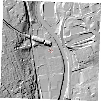 Shaded relief map of the ground around ME160ST, computed from Environment Agency LiDAR. The ground here sits at about 7 m above sea level and falls 36 m across the surrounding 800 m. Surface water reaching this point runs off ground lying to the west-south-west, 30.8 m higher.