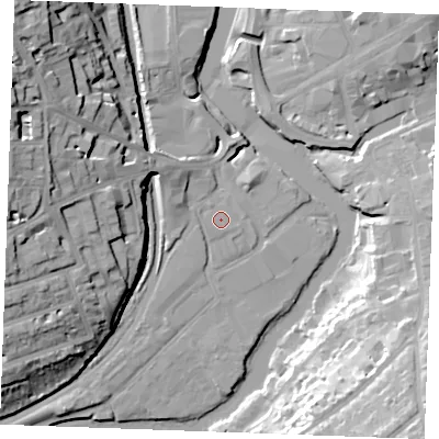 Shaded relief map of the ground around ME168DW, computed from Environment Agency LiDAR. The ground here sits at about 8 m above sea level and falls 29 m across the surrounding 800 m. Surface water reaching this point runs off ground lying to the west-north-west, 0.8 m higher.